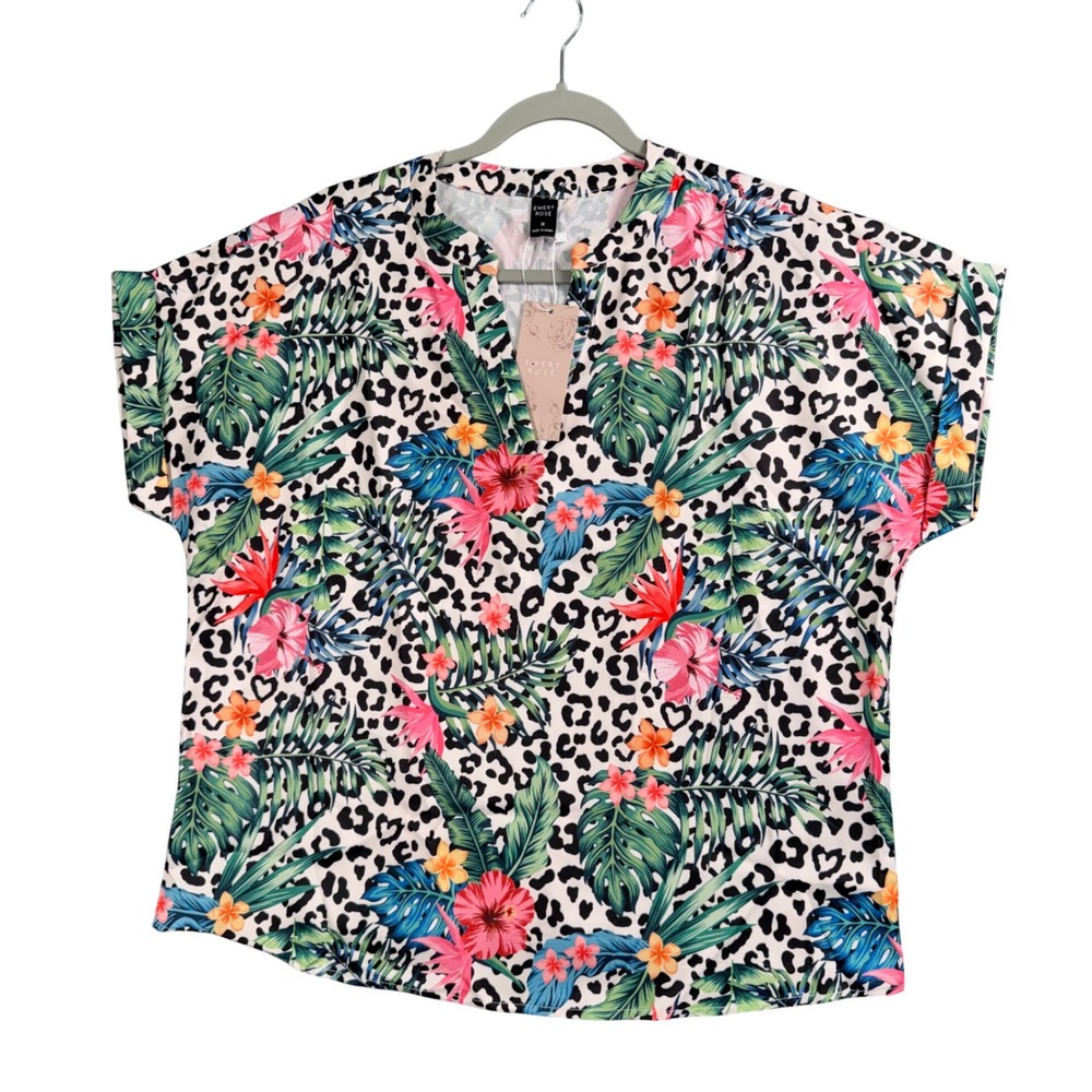 Emery Rose Y2K Tropical Leopard Floral Blouse Split V Neck Top M New